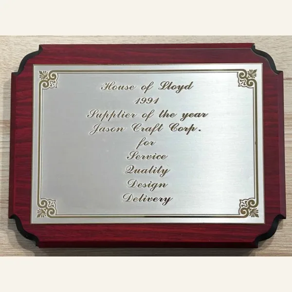 House of Lloyd 1991 Supplier of the Year plaque for service, quality, design and delivery