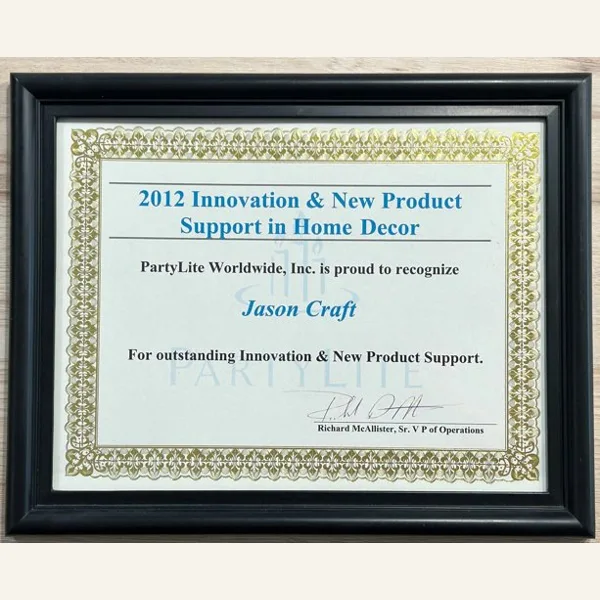PartyLite certificate for innovation and new product support in home décor, 2012