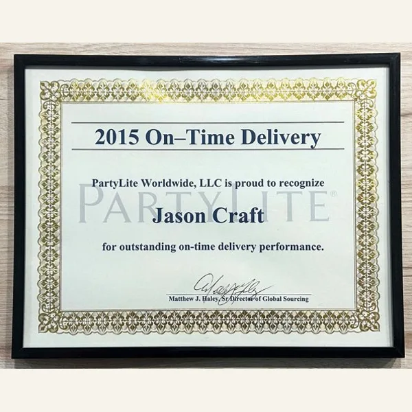 PartyLite 2015 On-Time Delivery certificate presented to Jason Craft