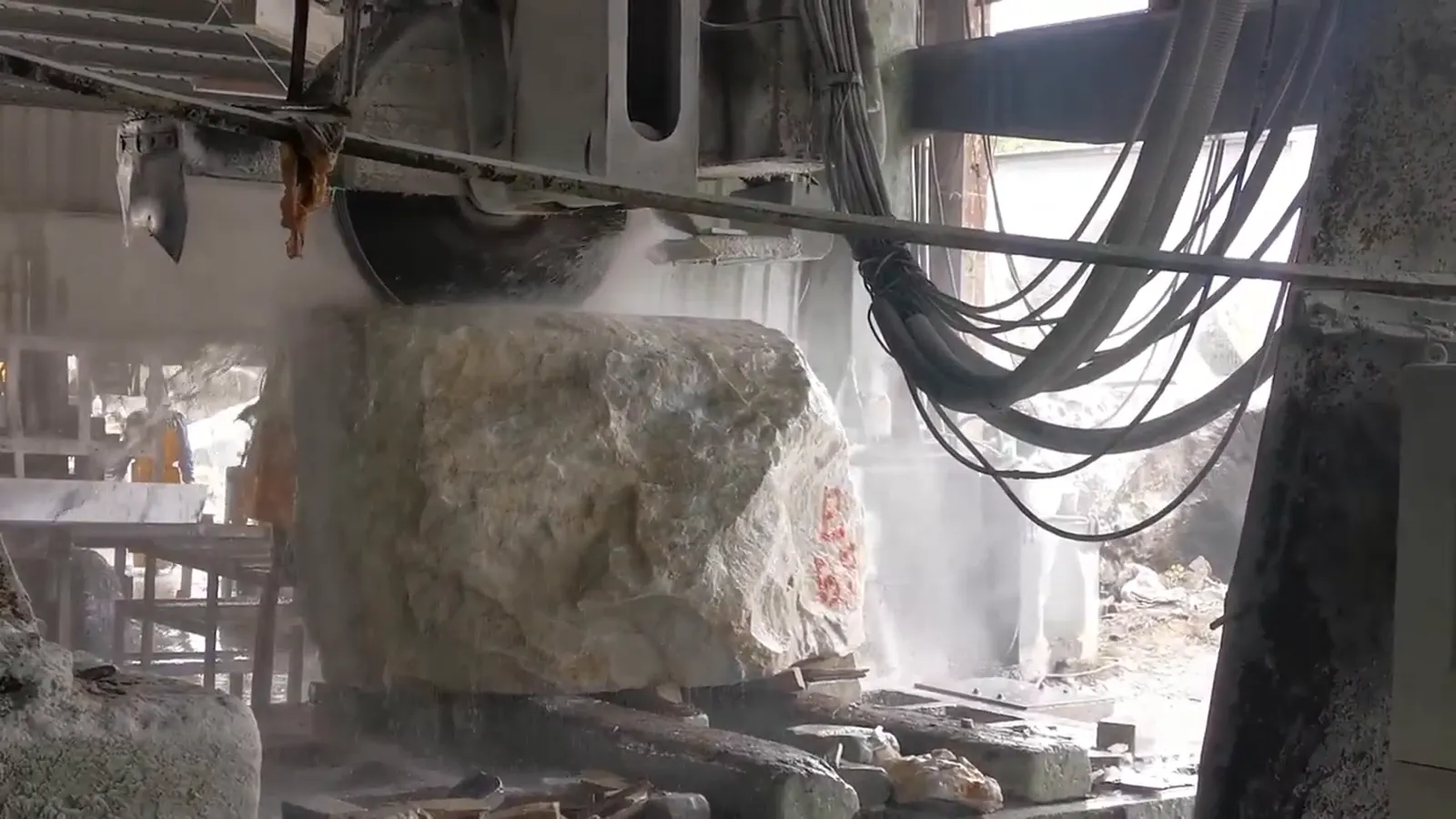 A block of Taiwan marble being cut at a stone works in Hualien