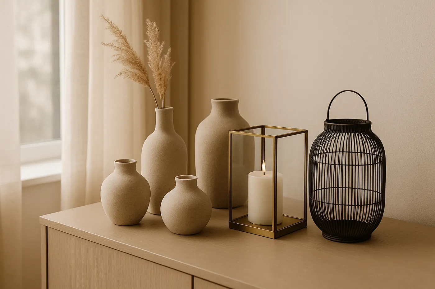 Ceramic vases, brass candle holder and wire lantern on a console (illustrative)