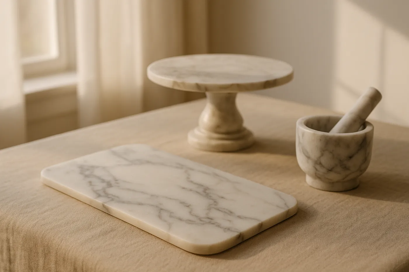 Marble serving board, cake stand and mortar on a linen table (illustrative)