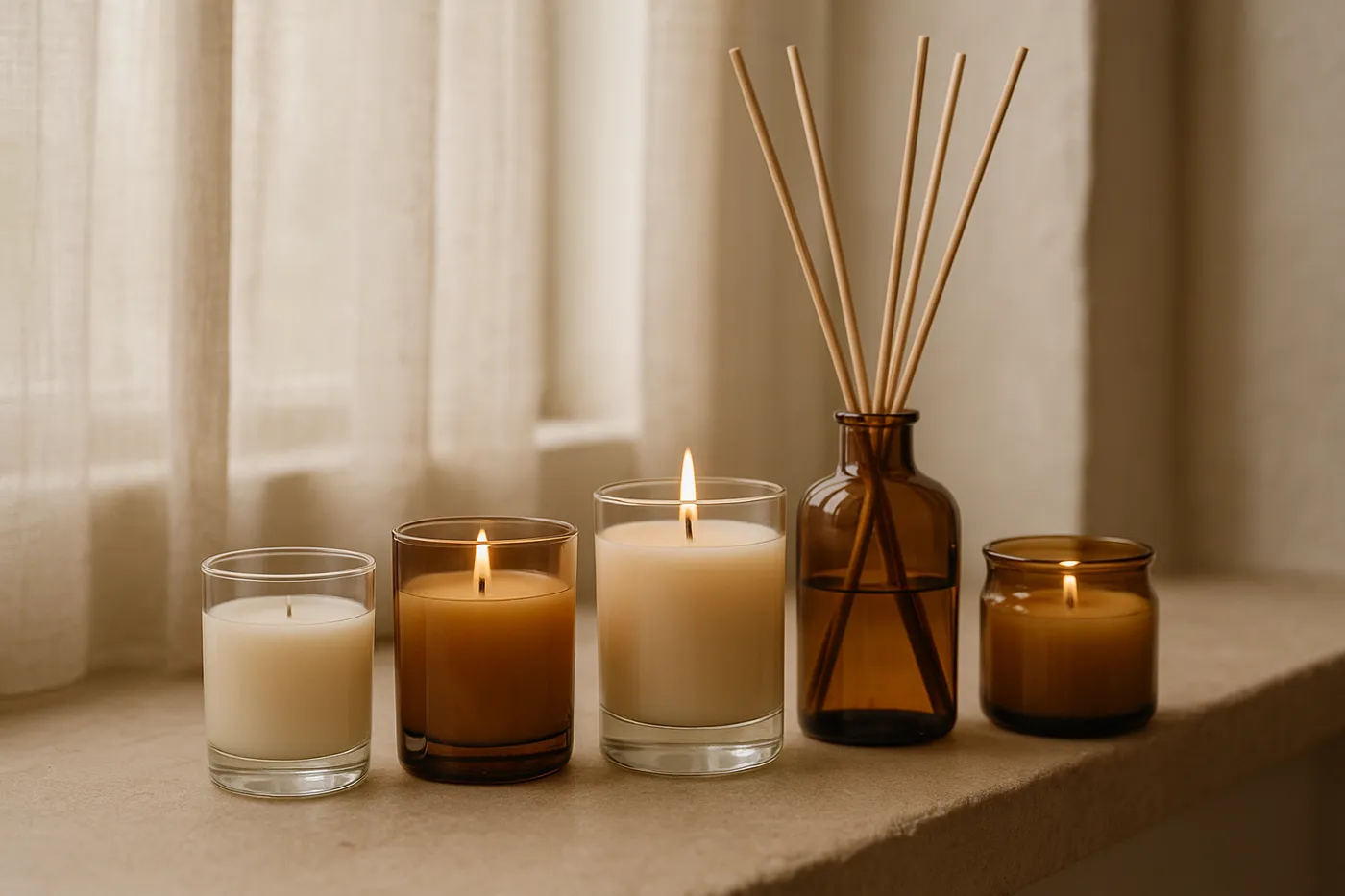 Clear and amber glass candle vessels and a reed diffuser bottle (illustrative)