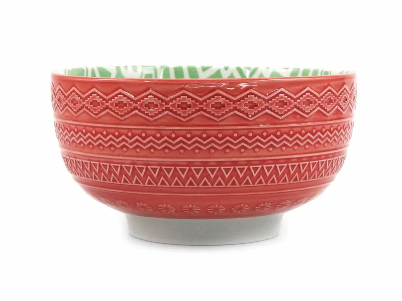 Embossed stoneware serving bowl with contrast glaze